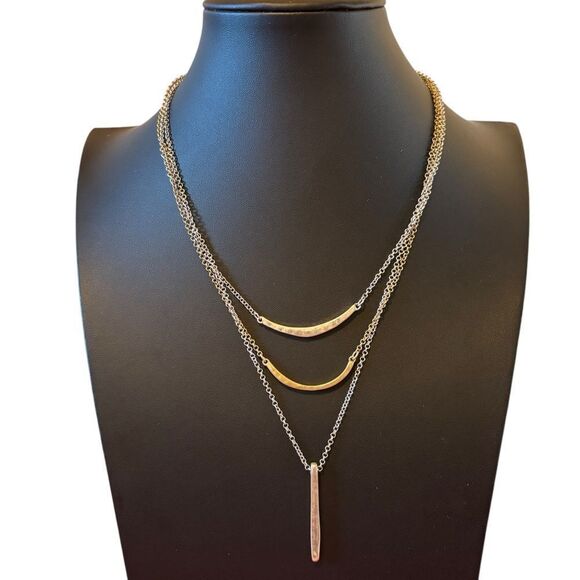 Two Tone Hammered Gold & Silver Layered Bar Necklace - Picture 1 of 6